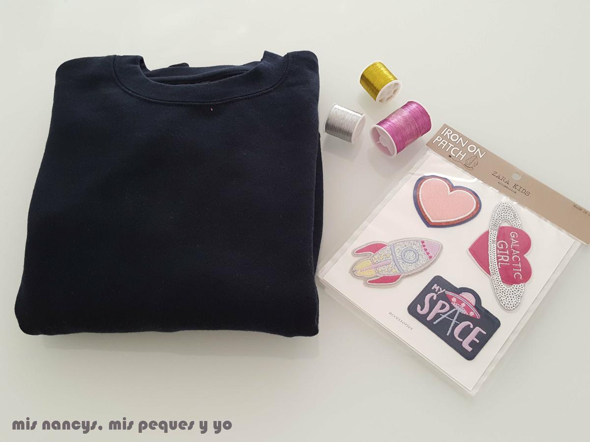 mis nancys, mis peques y yo, tutorial aplique en sudadera "en el espacio", materiales