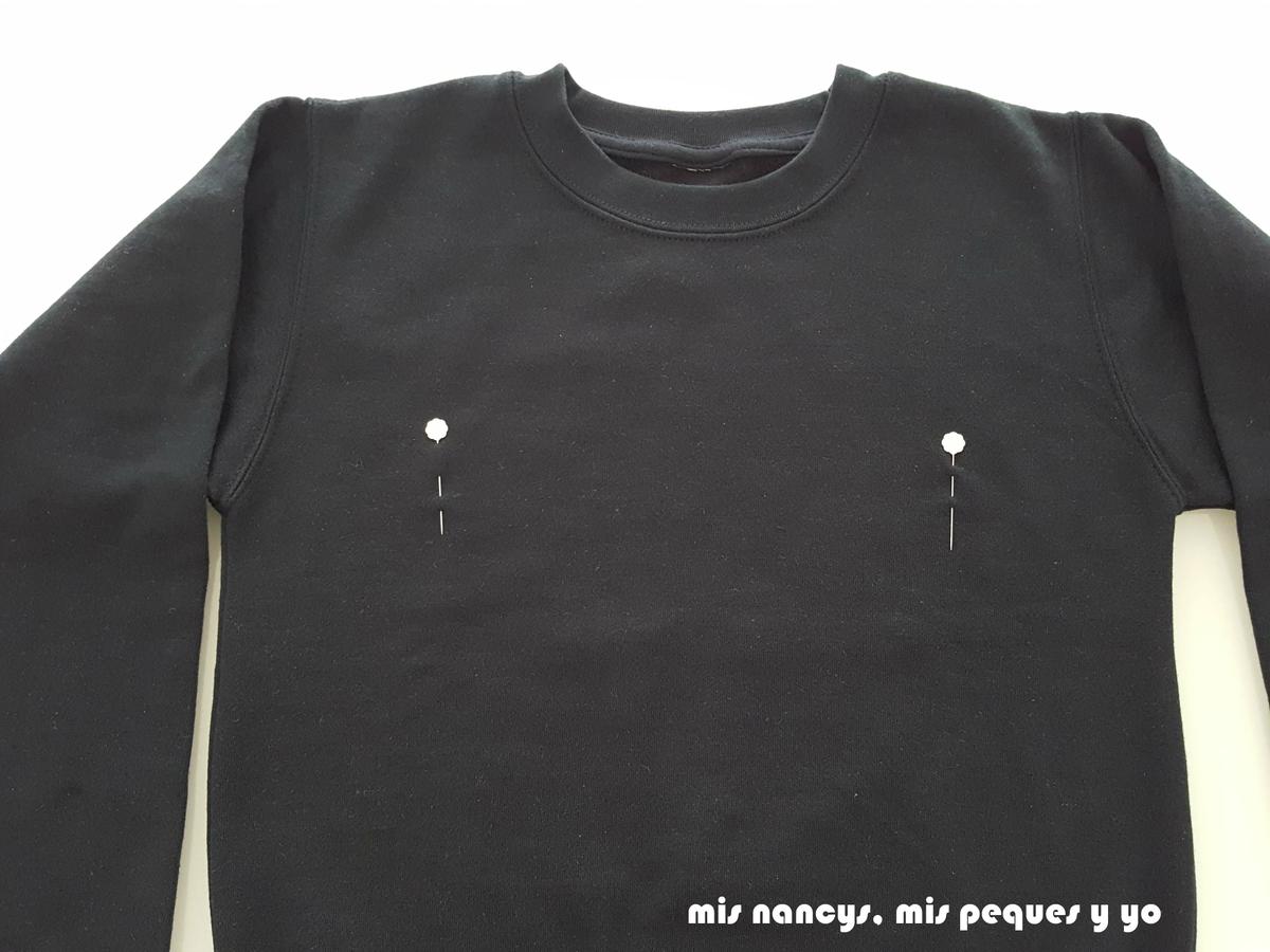 mis nancys, mis peques y yo, tutorial aplique en sudadera "en el espacio", colocar alfileres
