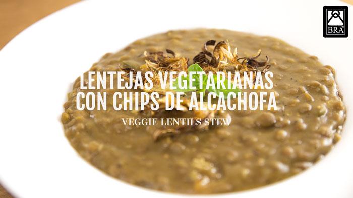lentejas vegetarianas con chips de alcachofa