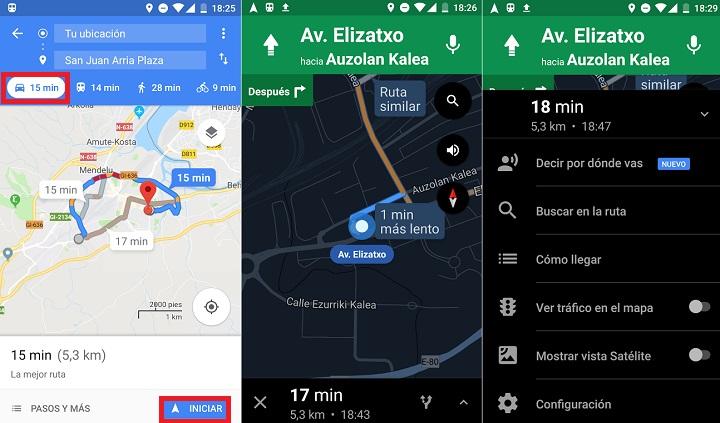 Cómo llegar con Google Maps por carretera en coche con guia de voz o asistente en carretera desde un teléfono móvil Android indicaciones con rutas más cortas transporte público andando o en bicicleta excplicación de uso de mapas guia de uso básico