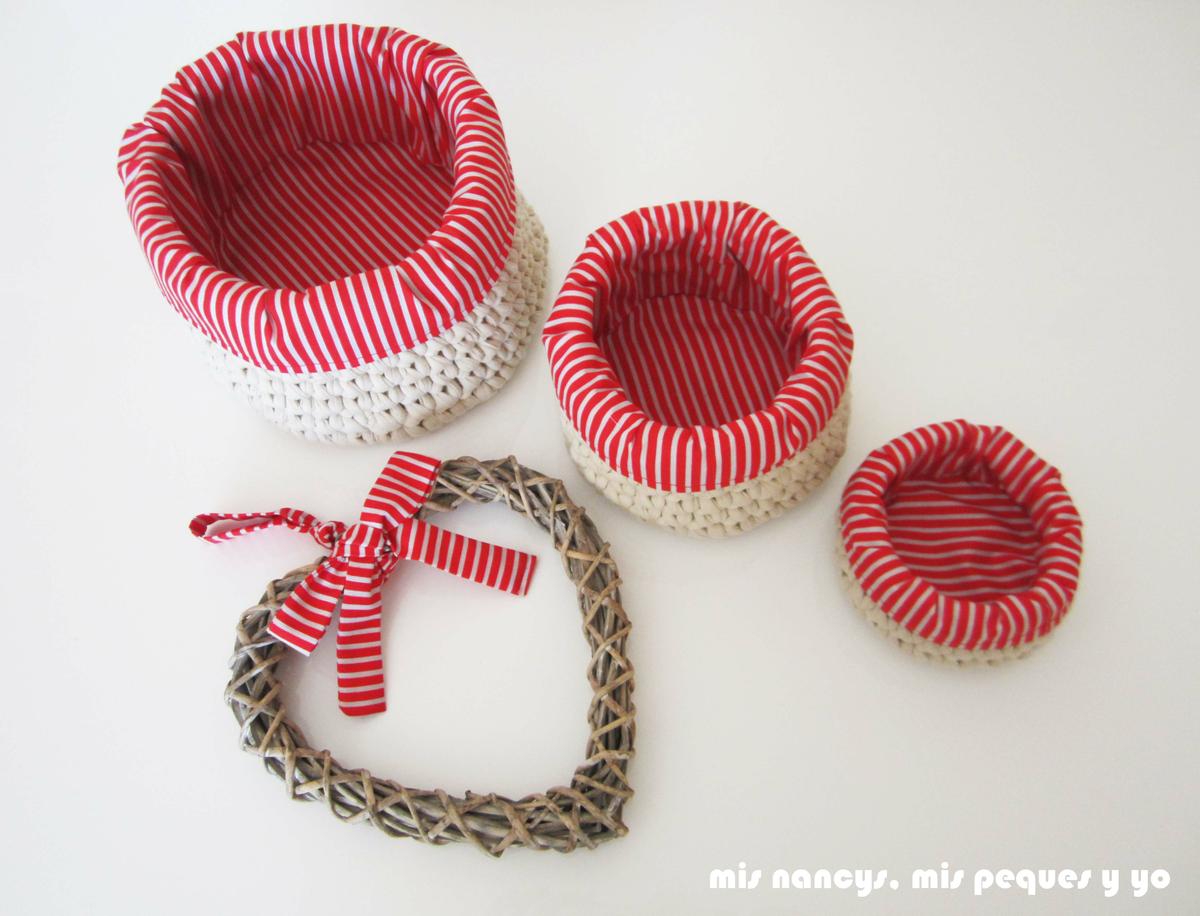mis nancys, mis peques y yo, juego de tres cestas de trapillo redondas con fundas de tela