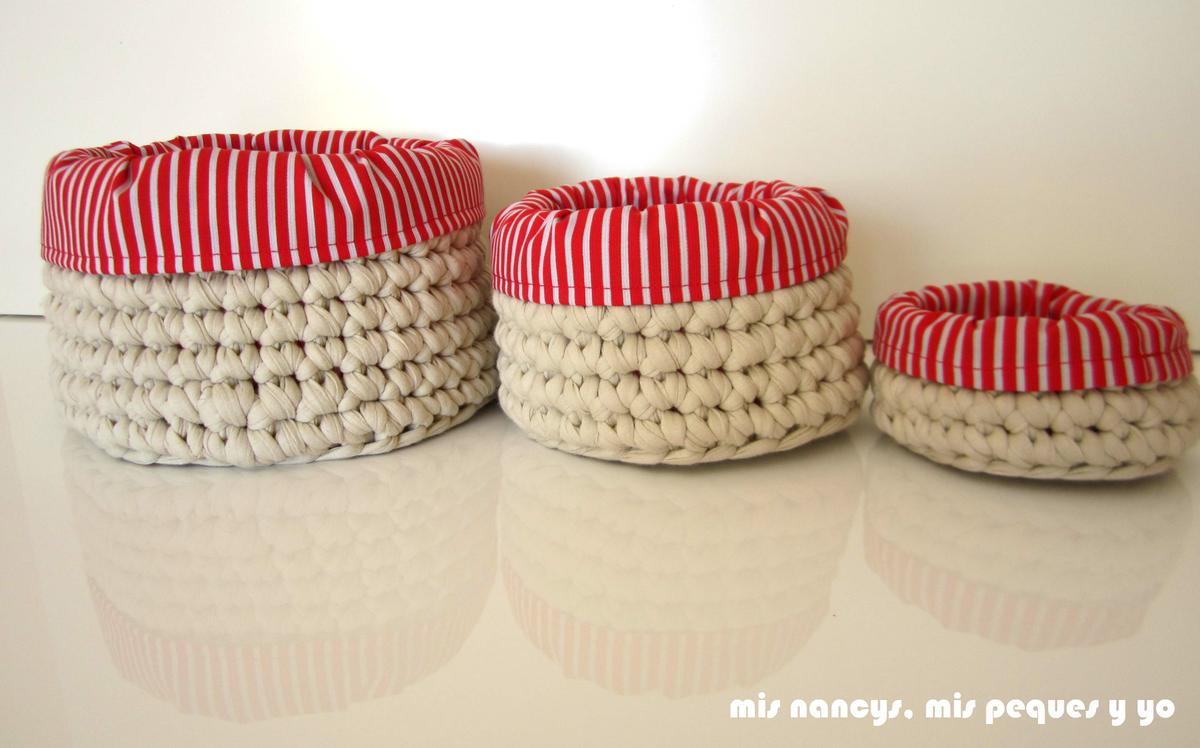 mis nancys, mis peques y yo, juego de tres cestas de trapillo redondas, con fundas de tela