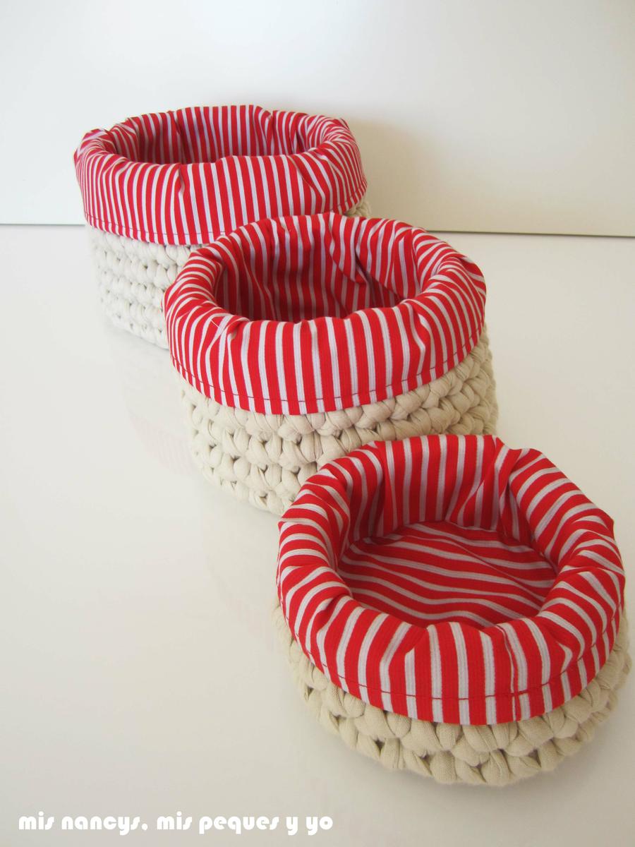 mis nancys, mis peques y yo, juego de tres cestas de trapillo redondas, tres cestas con fundas de tela