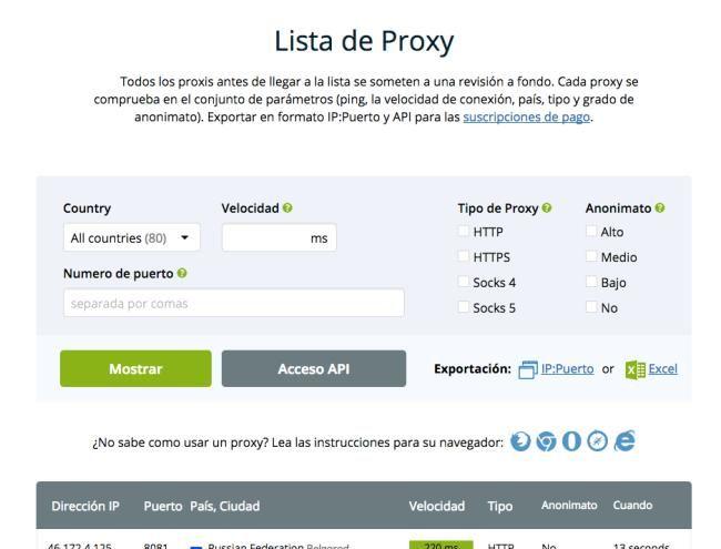 Listado de Servidores Proxy Gratis de hideMyName