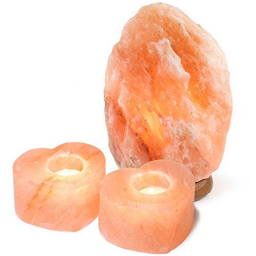Crystal Allies Natural Himalayan Salt Lamp and 2 Piece Heart Tea Candle Holder Combo with Dimmable Cord and Bulb