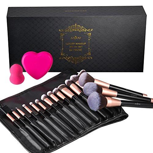Makeup Brush Gift Set, Anjou 16pcs Premium Cosmetic Brushes with Elegant Gift Box, Makeup Sponge, Silicone Brush Cleaning Mat and PU Leather Roll Clutch Included