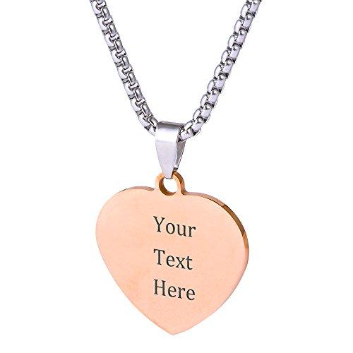 Custom Stainless Steel Pendant Necklace with Personalized Engraving 3 Shapes and 9 Chains to Choose (Rose Gold Color & Heart Shape)