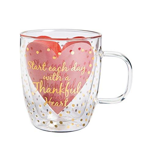 Cypress Home Metallic Thankful Heart 12 oz Artisan Double-Wall Glass Coffee or Tea Café Cup in Coordinating Gift Box - 4.75”W x 4"D x 4.5"H