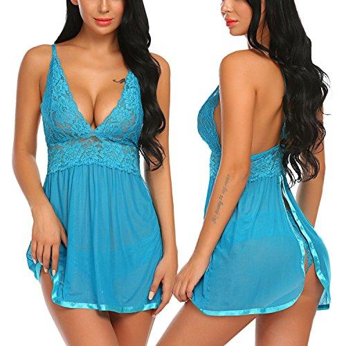 Avidlove Women V-Neck Lace Babydoll Mesh Chemise Sleepwear Sexy Open Back Lingerie (Medium, Light Blue)