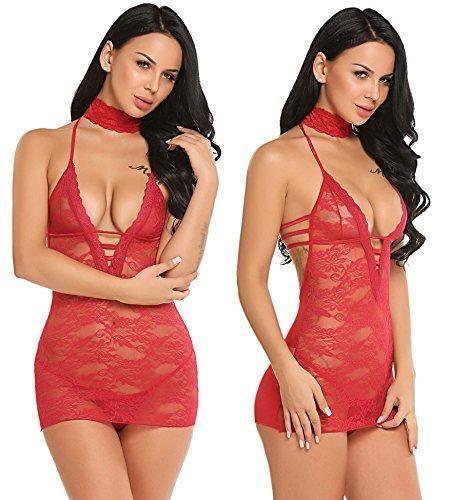 Avidlove Women Lace Lingerie Halter Chemise Floral Babydoll Sexy Nightie Dress Dark Red S