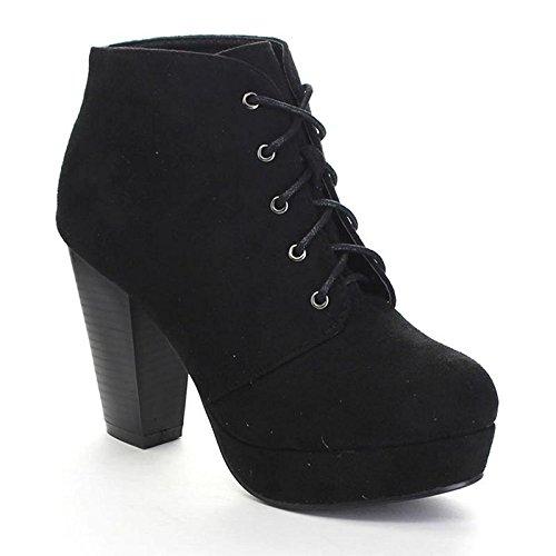 Forever Camille-86 Womens Comfort Stacked Chunky Heel Lace Up Ankle Booties, Black, 9