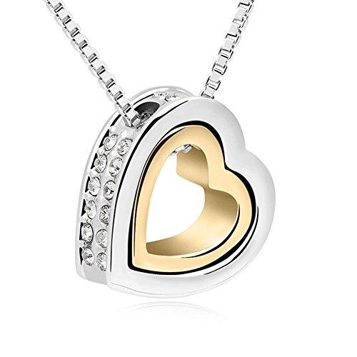 Xingzou 18K Gold,White Gold Plated Dual Heart Pendant Necklace with Swarovski Elements Clear Crystal