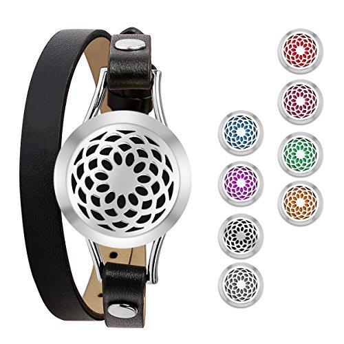 Essential Oil Diffuser Bracelet,Stainless Steel Aromatherapy Locket Bracelets Leather Band with 8 Color Pads,Girls Women Jewelry Gift Set