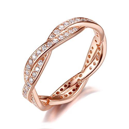 BAMOER Twist Fate 2 Bands Eternity Promise Rings Love Wedding Jewelry Sets in 925 Sterling Silver with Rose Gold and CZ
