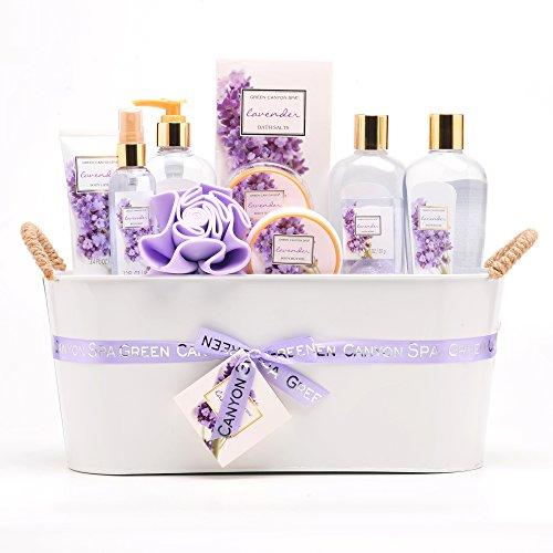 Green Canyon Spa Luxury Lavender Gift Basket Set with Sunflower Seed Oil and Vitamin E, 11-Piece Premium Bath and Body Spa Lavender Gift Set with Natural Lavender Essential Oils (Lavender_Tin)
