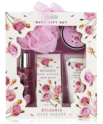 Spa Gift Set, Bath and Body Set with Bulgaria Rose Garden Fragrance By Lovestee - Includes Exotic Shower Gel, Sensual Body Butter, Bath Salt, Smooth Body Butter, and Soft Pink Bath