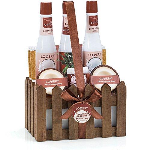 Organic Spa Gift Basket Heavenly Milky Coconut Fragrance - Bath Set Includes Shower Gel, Bubble Bath, 2 ORGANIC Soaps, Lotion & more! Great Wedding, Anniversary, Graduation or Birthday Gift for Women