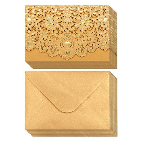 24-Pack Wedding Invitation Cards - Laser Cut Silver Foil and Floral Design Invitation Pockets for Bridal Showers, Engagement Parties, Includes Covers, Blank Inserts, Envelopes, 5 x 7.25 Inches, Gold