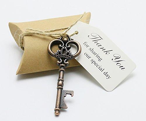 50pcs Wedding Favors Candy Box w/ Antique Skeleton Key Bottle Openers Escort Card Thank You Tag Pillow Box (Key Style #5)