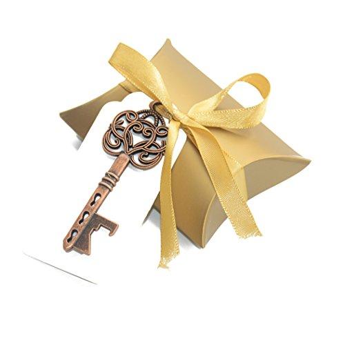 Aokbean 50pcs Vintage Skeleton Key Bottle Openers Wedding Favor Souvenir Gift Set Pillow Candy Box Escort Thank You Tag French Ribbon ( Antique Copper)