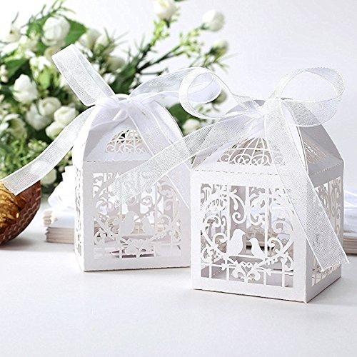 50pcs Laser Cut Bird Favor Boxes,2x2x2 Candy Boxes with 50 Ribbons for Party Wedding Favor (White)
