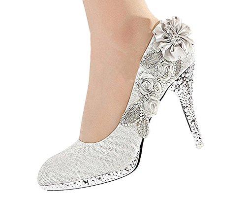 Getmorebeauty Womens Silver Lace Flower Pearls Closed Toes Wedding Shoes 9 B(M) US