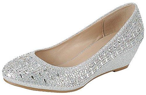 Forever Womens Low Wedge Heel Closed Toe Wedding Party Dress Sandals Shoes,Silver,8