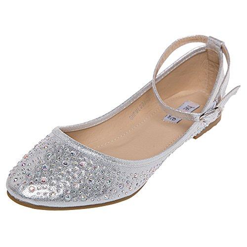 SheSole Womens Rhinestone Ballet Flats Silver Shoes US 8