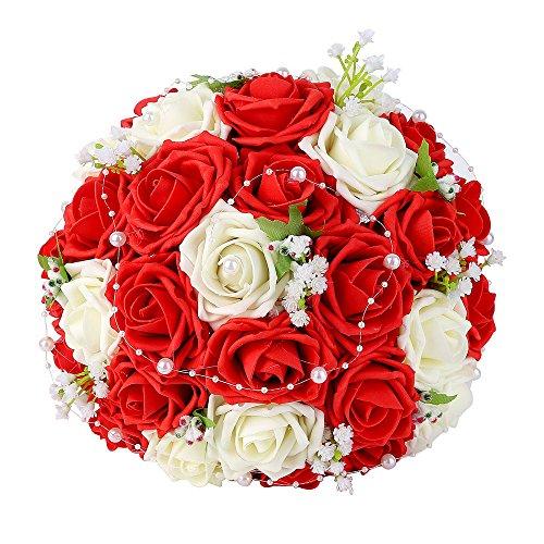 Wedding Bridal Bouquet, Febou Wedding Bride Bouquet, Wedding Holding Bouquet with Artificial Roses Lace Pearl Ribbon, Perfect for Wedding, Church, Party and Home Decor(Heart Pearl, White+Red)