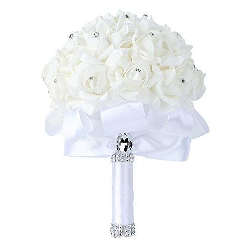 Wedding Bouquet, Febou Big Size White Bridesmaid Bouquet Bridal Bouquet with Crystals Soft Ribbons, Artificial Rose Flowers for Wedding, Party and Church (White Big Size)