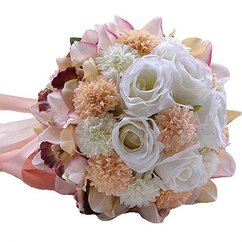 Abbie Home Bride Bouquets - 9" Artificial Wedding Flower Roses Toss Holding bouquet - Rhinestone Ribbon Décor (391CP)