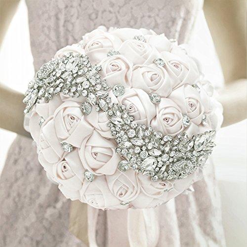 Wedding Bouquet, MyGift Ivory Satin Bride Holding Bouquet, Artificial Roses & Rhinestones Wedding Flowers
