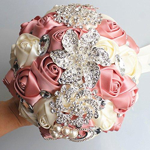 Luxury Gorgeous Wedding Bridal Bouquets Elegant Pearl Bride Flower Wedding Bouquet Handmade Crystal Ribbon Weaths W-228 (Beige+pink)