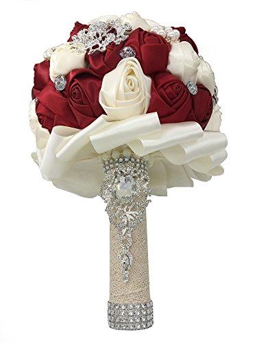 Jackcsale Romantic Wedding Bride Holding Bouquet Roses with Diamond Pearl Ribbon Valentines Day Bouquet Confession (D453 Wine red+Ivory)