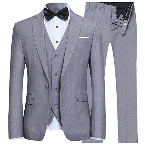 Mens Slim Fit 3 Piece Suit One Button Blazer Tux Vest & Trousers, Light Grey, Medium