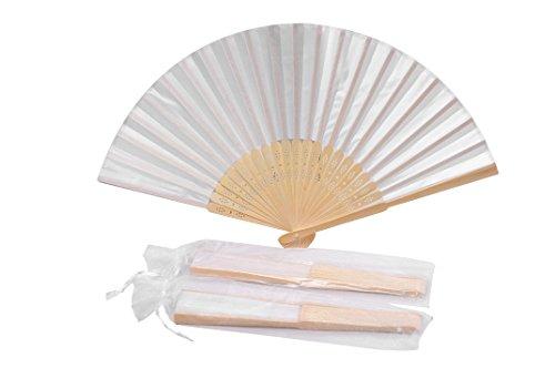 Sepwedd 50pcs White Imitated Silk Fabric Bamboo Folded Hand Fan Bridal Dancing Props Church Wedding Gift Party Favors with gift bags