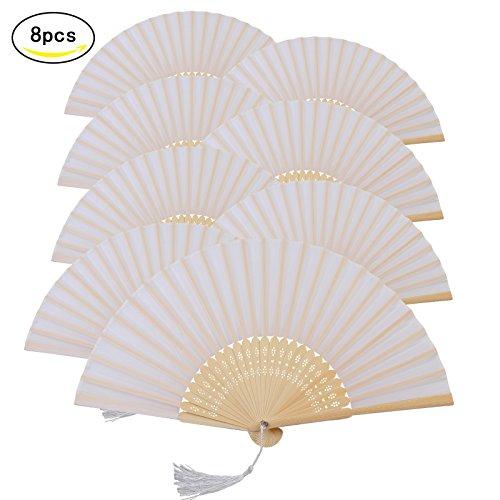 Metable 8pcs Folding Fan White Silk Bamboo Handheld Folded Fan Bridal Dancing Props Church Wedding Gift Party Favors Home Office DIY Decor