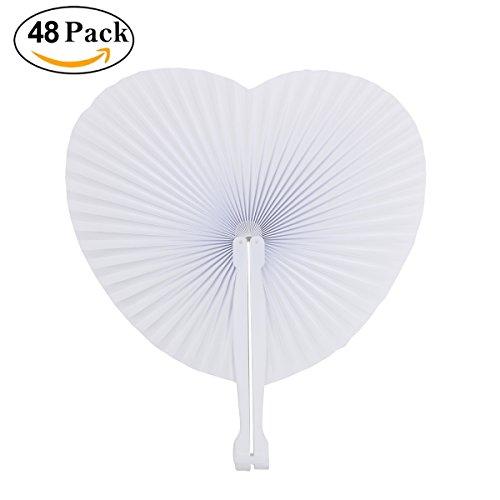 Cusfull 48 Pack White Folding Paper Fans Handheld Paper Fans for Wedding / Party / Party Favours (Heart Shape)