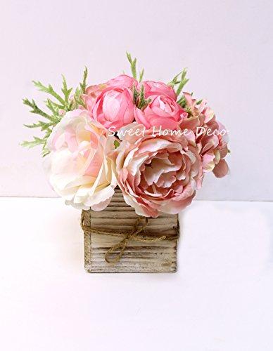 Sweet Home Deco 8 Silk Rose Peony Hydrangea Mixed Flower Arrangement w/ Wood Vase Wedding Home Decorations (Light Pink)