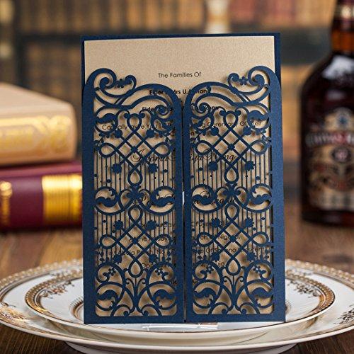 Wishmade Vintage Laser Cut Wedding Invitations Cards Blue 50 Pieces Kit for Marriage Engagement Birthday Bridal Shower Open Door Design with Envelopes Seals Party Favors