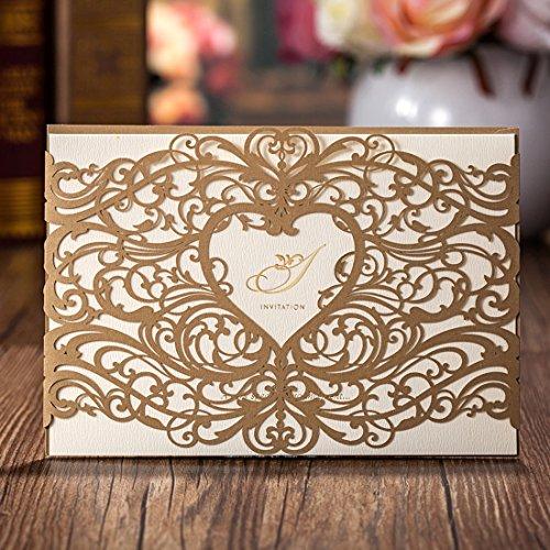 WISHMADE Laser Cut Invitations Cards Sets Gold 50 Pieces for Wedding Birthday Bridal Shower with Envelopes and White Printable Paper Kits