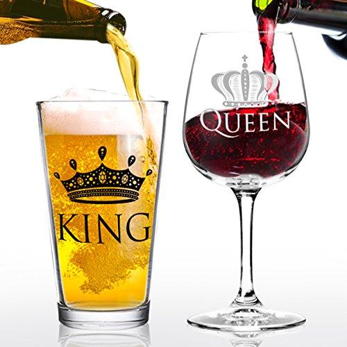 King Beer Queen Wine Glass Valentines Day gift Set- Cool Present Idea for Bridal Shower, Wedding, Engagement, Anniversary, Newlyweds, and Couples- Dad, Him, Her, Mr. Mrs. - Gift for Mom