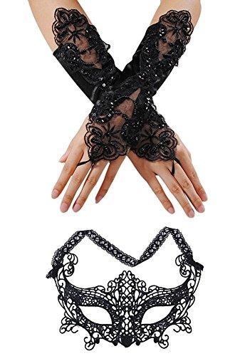 Qingsun Lace Masquerade Mask Women Face Eye Phoenix Mask with Fingerless Gothic Wedding Gloves for Venetian Carnival Costume Party, Black