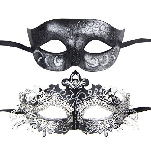 One Pair Couples Half Wedding Venetian Masquerades Masks Party Costumes Accessory (Black&silver1)