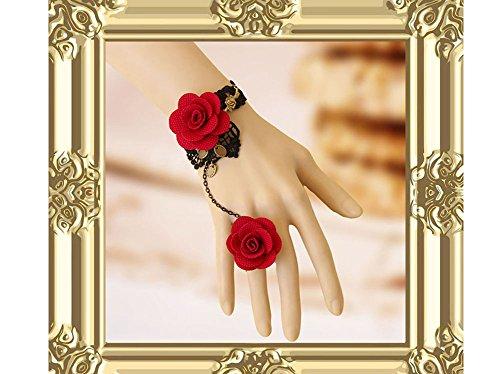 Gothic Lolita Bracelet Bridal Wedding Venetian Retro Lace Bracelet With Ring Slave Halloween Masquerade Dress,Girlfriend Gift (red)