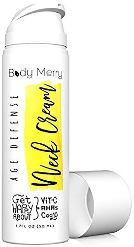 Body Merry Age Defense Neck Cream - Anti aging moisturizer w CoQ10 + Vitamin C + Squalane for firming & combating wrinkles on neck, decolletage, face & eyes for men and women - can be used day & night