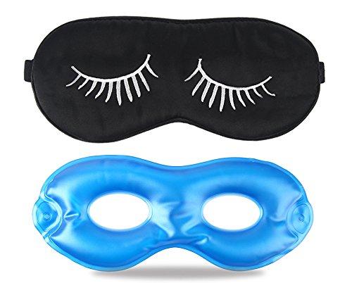 Fitglam Pure Silk Sleep Mask + Reusable Cold / Hot Therapy SPA Gel Eye Mask Set - Improve Sleeping, Alleviate Puffy, Swollen Eyes, Fatigue, Headache and Tension (Black with White Eyelashes & Gel)