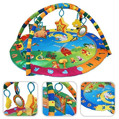 Todeco - Estera de Juego para Bebés, Alfombrilla de Juego para Bebés - Tamaño: 94 x 81 x 43 cm - Juguetes educativos: (1x) Estrella de felpa (1x) Sonrisa de felpa (1x) Espejo (1x) Juguete sonajero (1x) Libro de lienzo - Patrón de animales