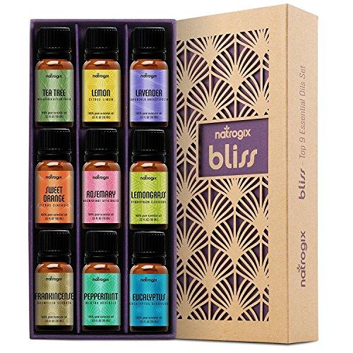 Natrogix Bliss Essential Oils - Top 9 Therapeutic Grade 100% Pure Essential Oil Set (Tea Tree, Lavender, Eucalyptus, Frankincense, Lemongrass, Lemon, Rosemary, Orange, Peppermint) w/ Free E-Book