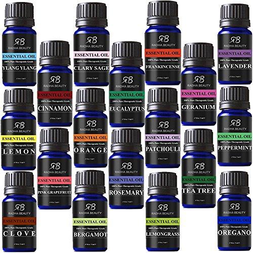 Radha Beauty Aromatherapy 18 Essential Oils (Lavender, Tea Tree, Peppermint, Lemongrass, Orange, Eucalyptus, Rosemary, Frankincense, Lemon, Bergamot, Ylang ylang, Patchouli, Geranium, and more)